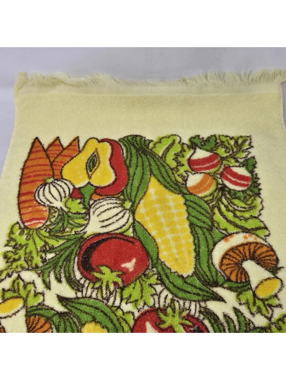Vtg 70s Cannon Mushroom Toadstool Hand Dish Towel Terry Cloth Kitsch Yellow 25